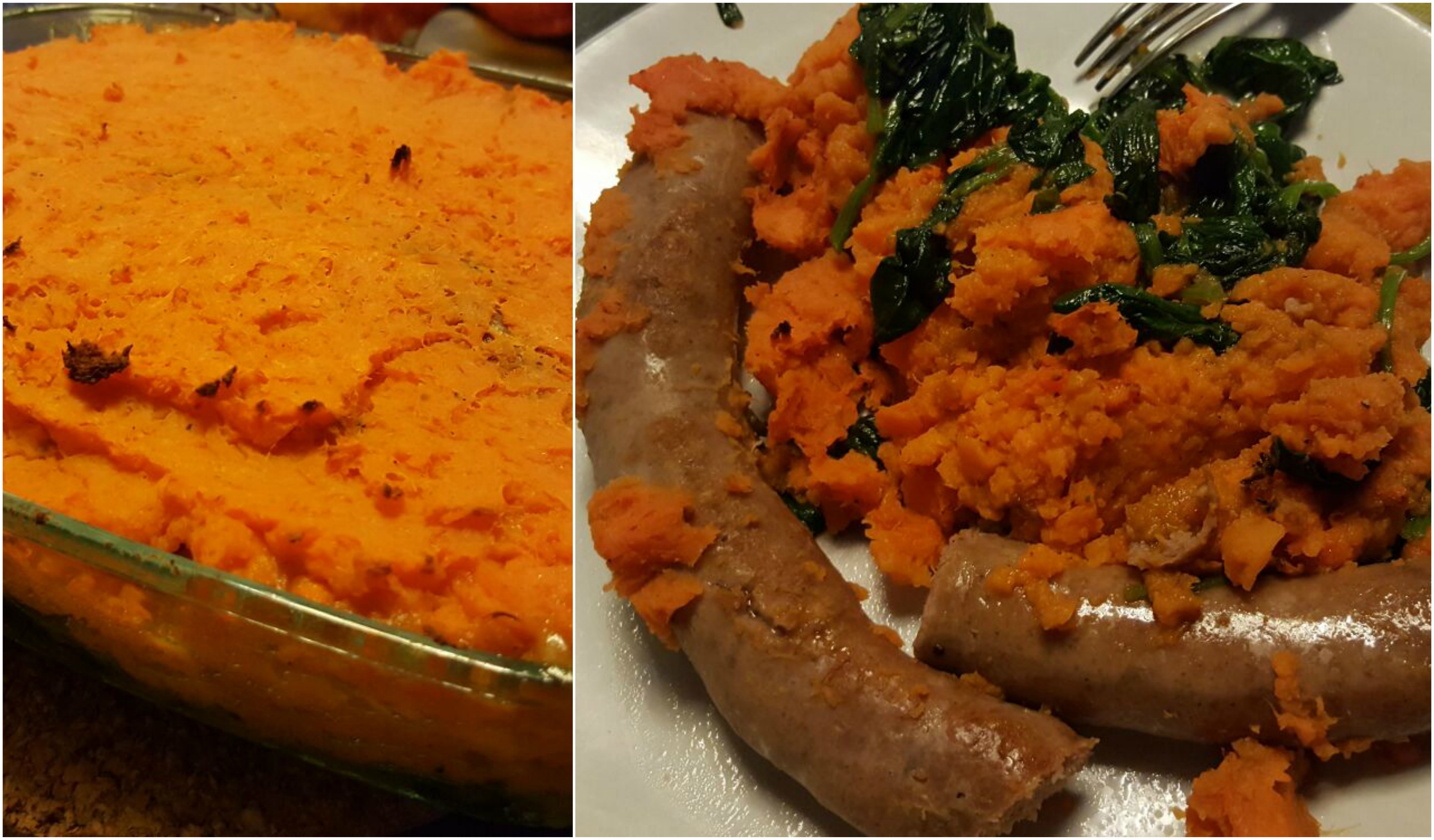 stoemp-worst schotel met zoete aardappel